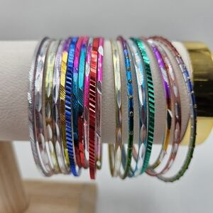 VINTAGE 80s Rainbow Multicolor Metal Mixed Bangle Lot of 18 Etched Glitter Laser